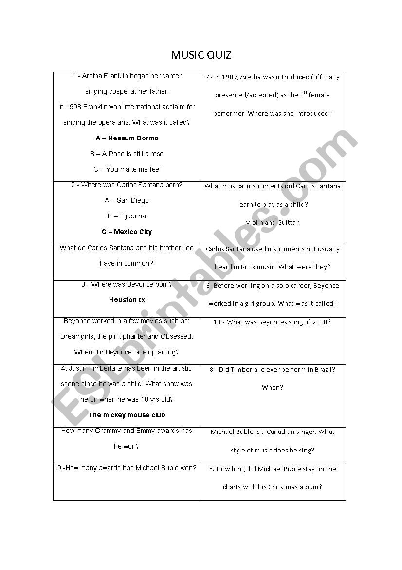 MUSIC QUIZ worksheet