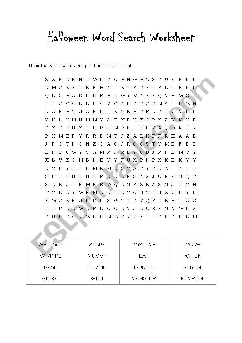 Halloween word search worksheet