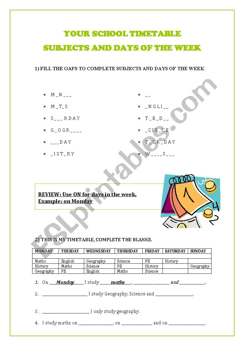 DAYS AND SUBJECTS worksheet