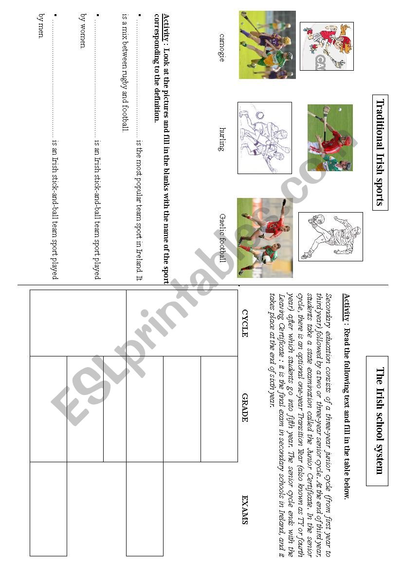 Worksheet (traditional Irish sports + school system)