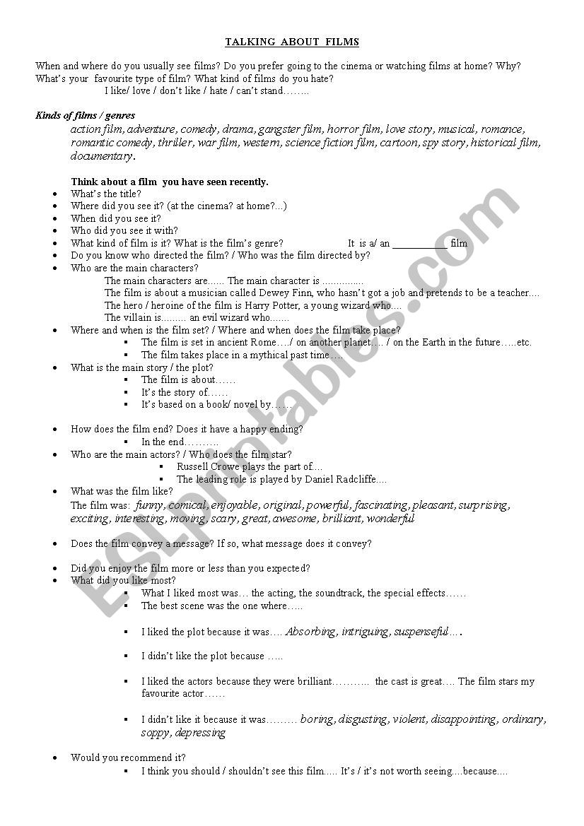 talking about films worksheet