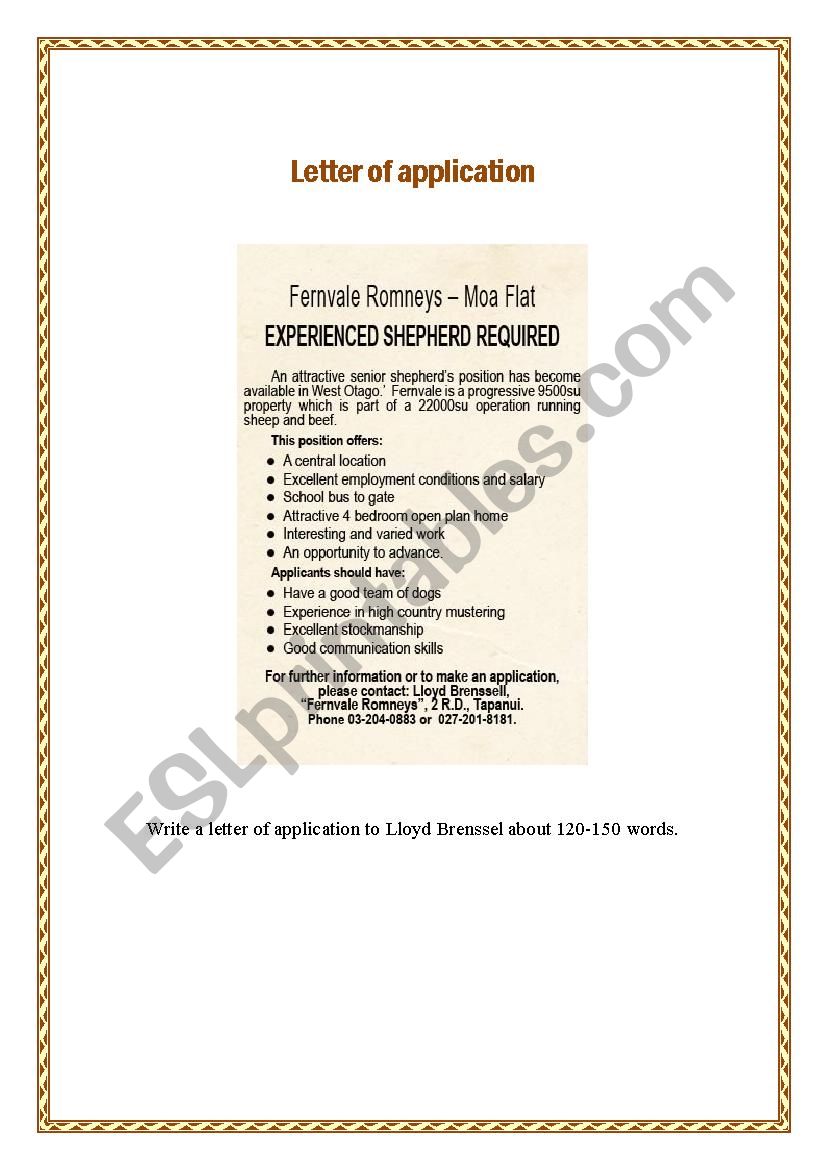 letter of application worksheet