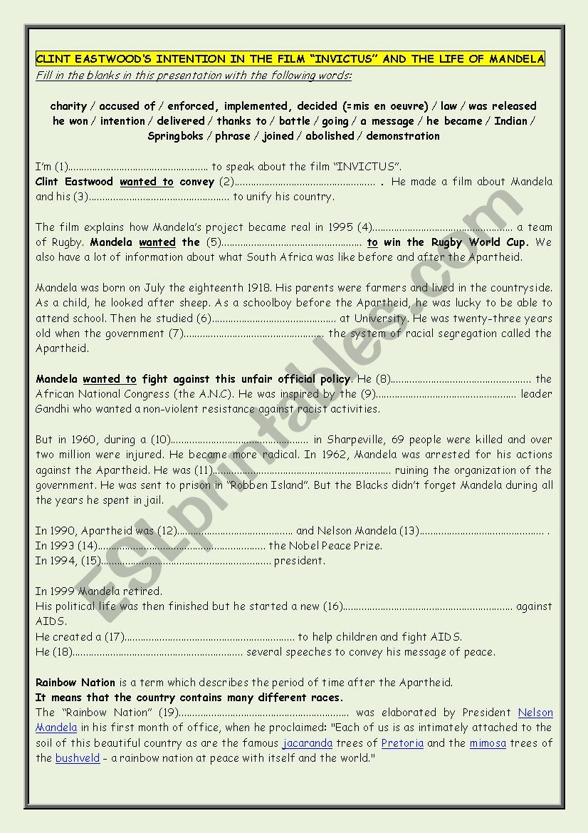 Nelson Mandela/Invictus/Apartheid presentation with blanks + KEY