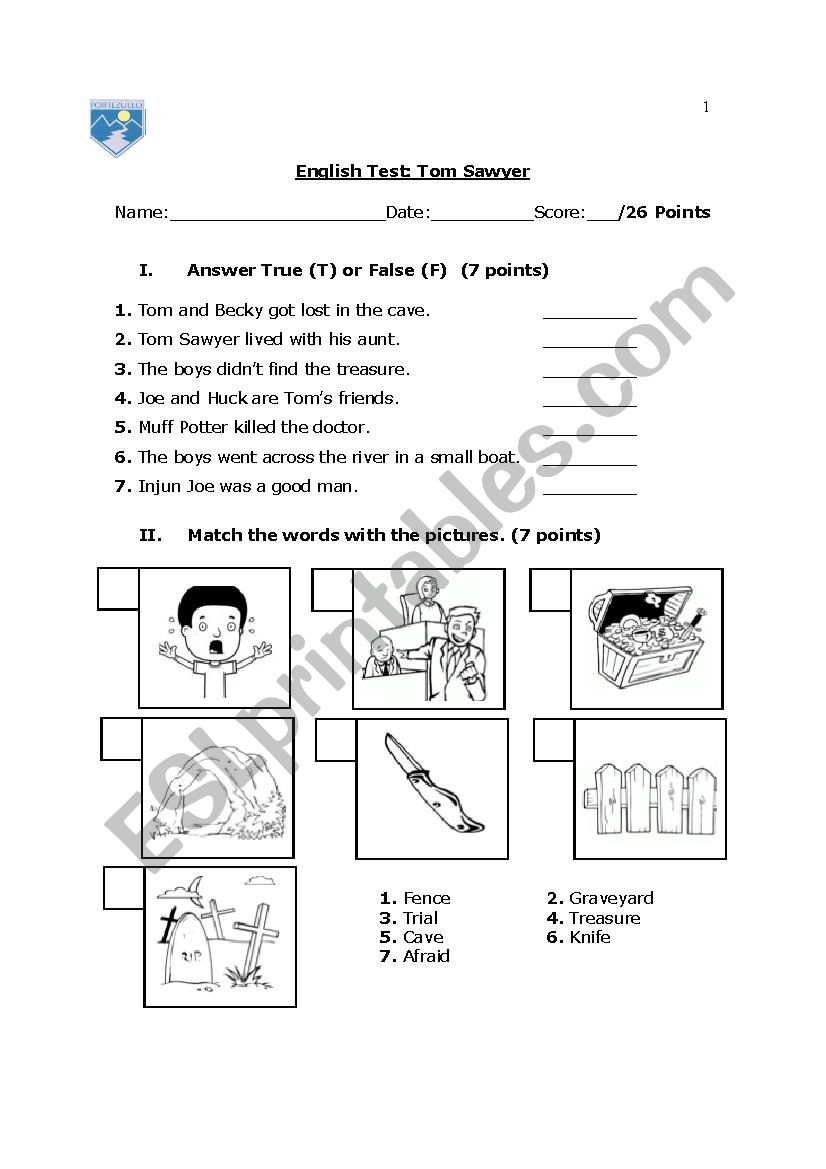 Tom sawyer test worksheet