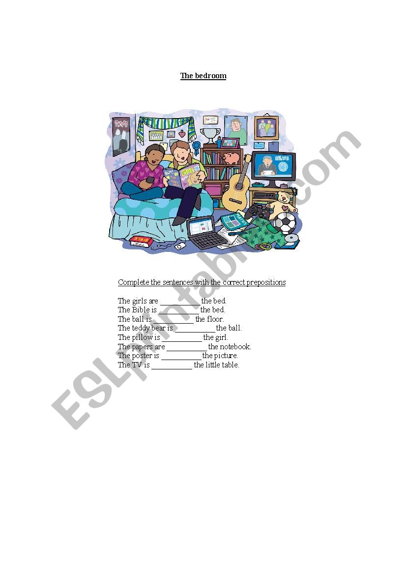 Bedroom + prepositions worksheet