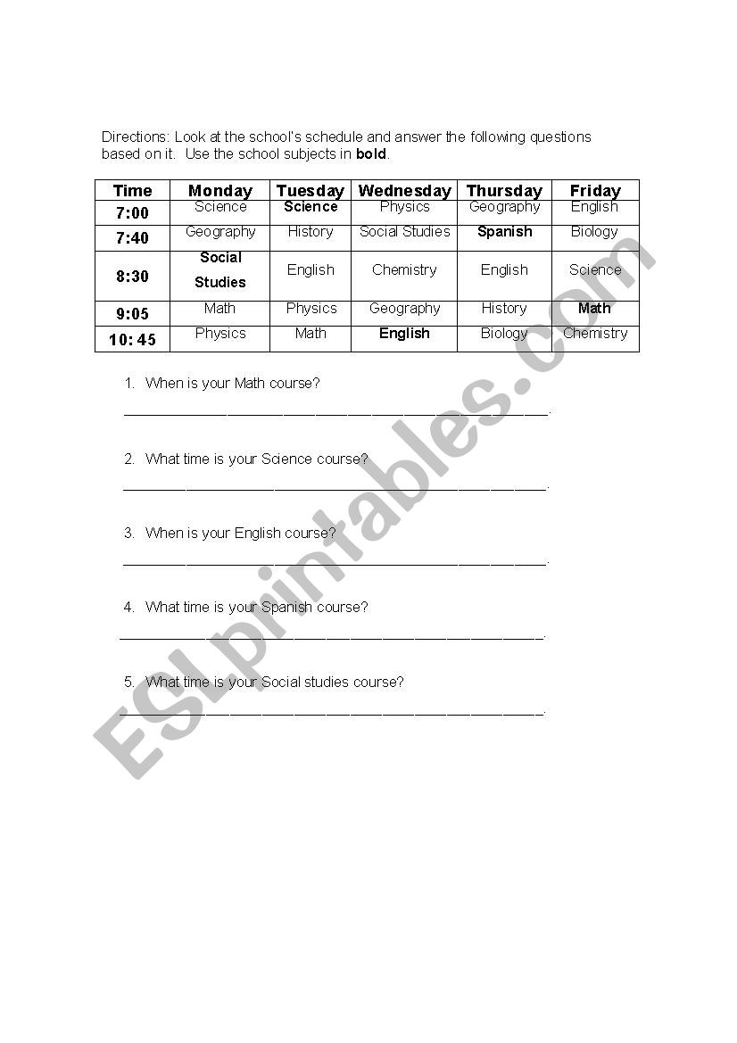Subjects worksheet