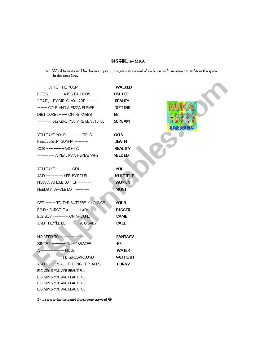 SONG:  BIG GIRL worksheet