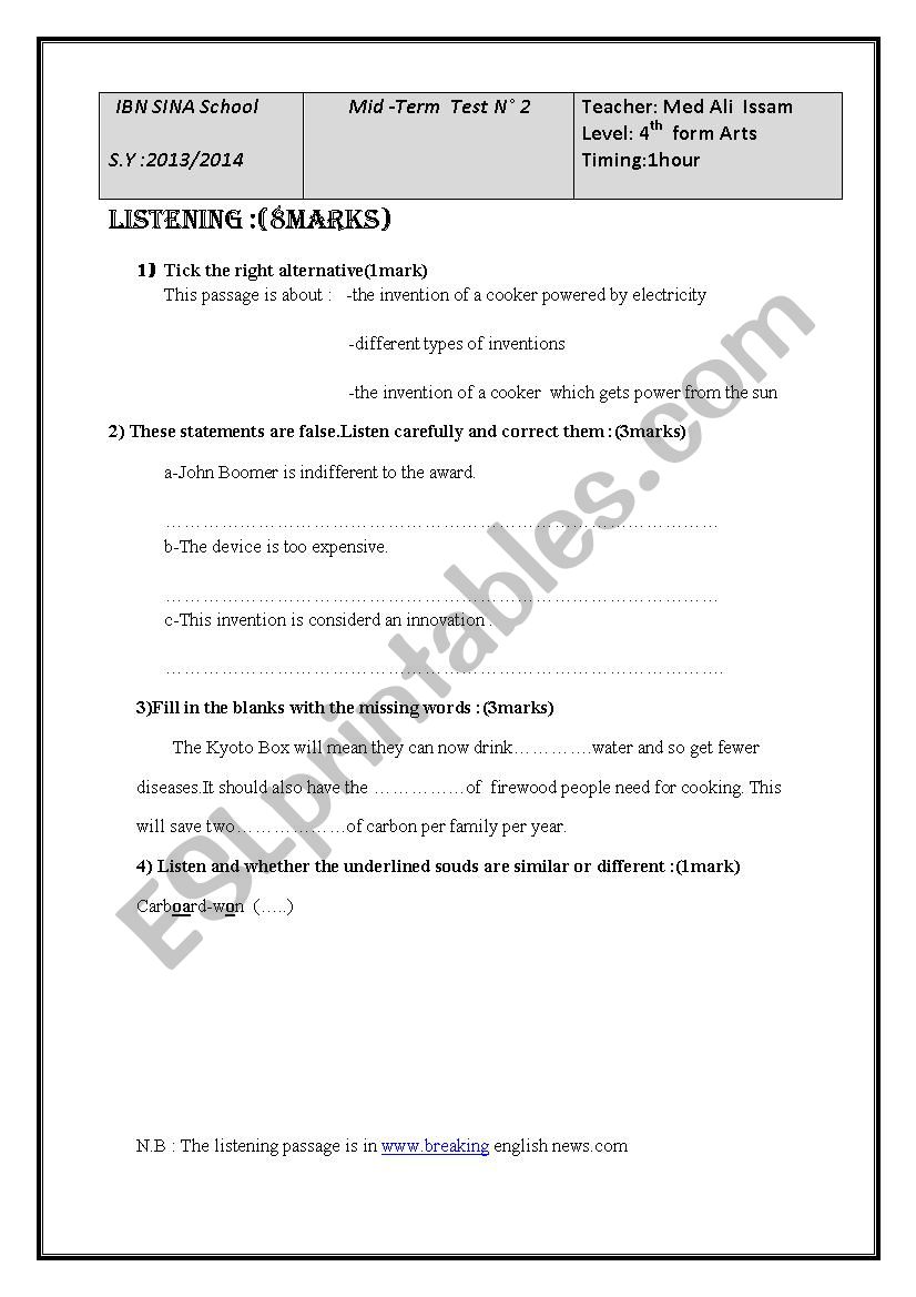 Mid -term test n° 2 for 4th form arts - ESL worksheet by nafti
