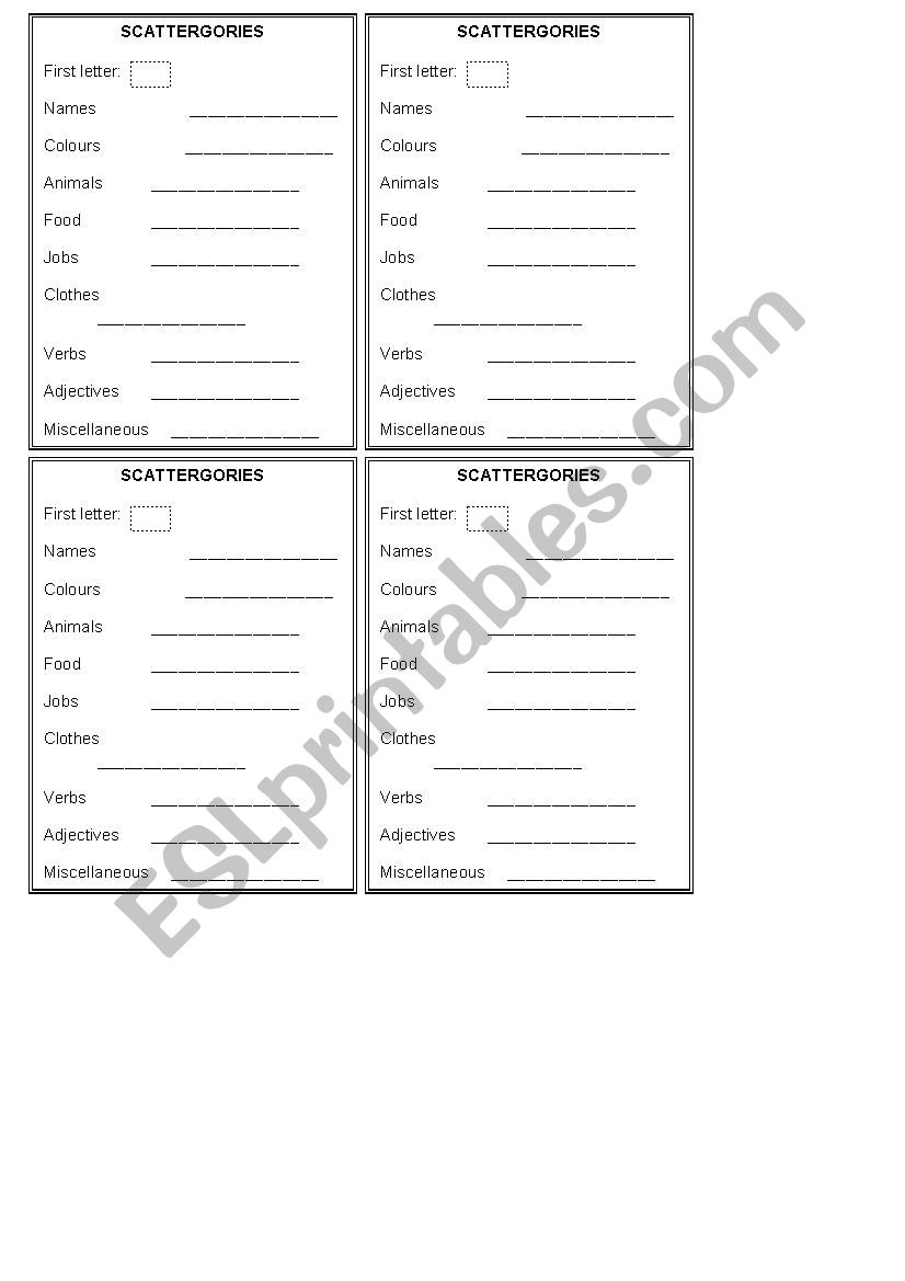 Scattergories  worksheet