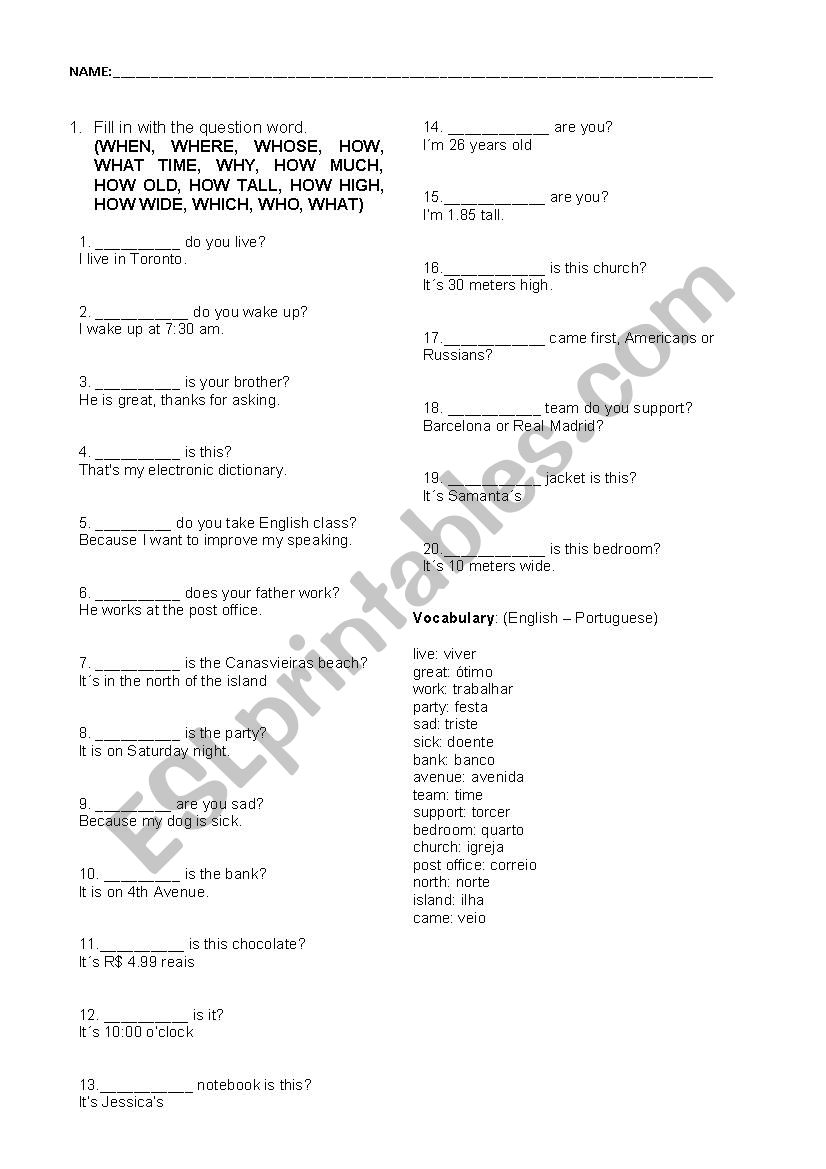 Question words worksheet