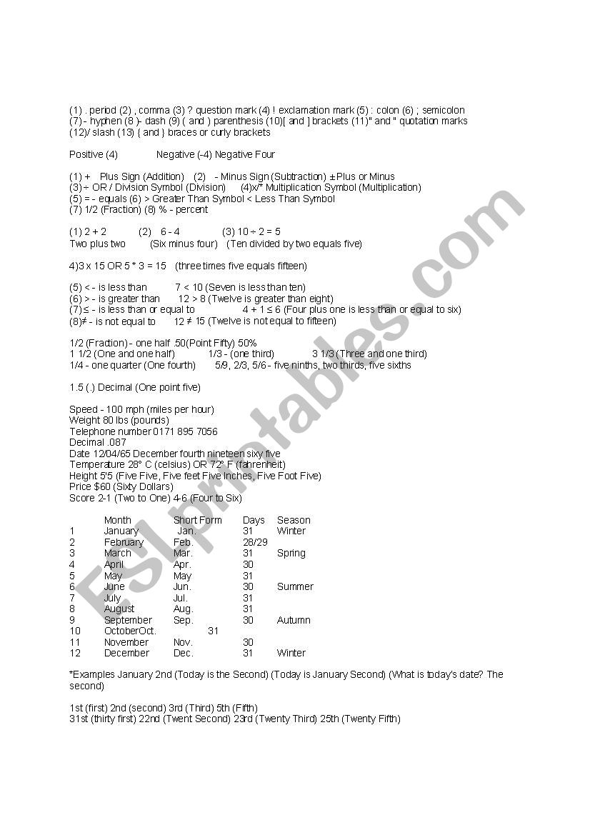 Numbers and Basic Math worksheet