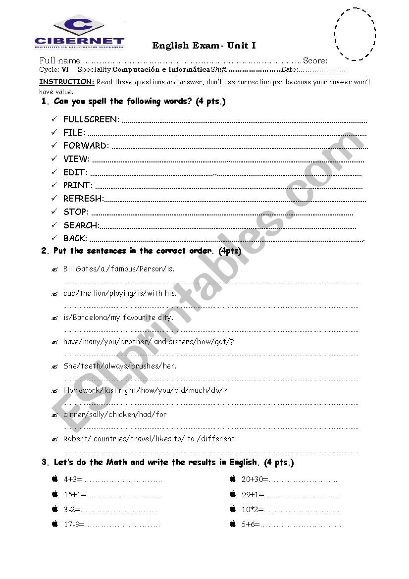 ENGLISH EXAM worksheet