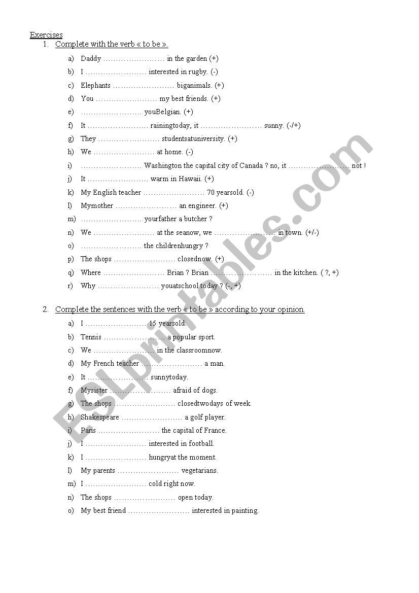 Exercises to be worksheet