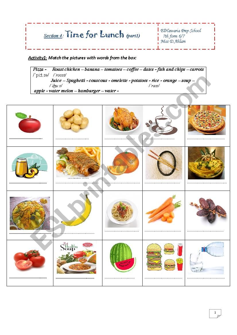 time for lunch seventh form  worksheet