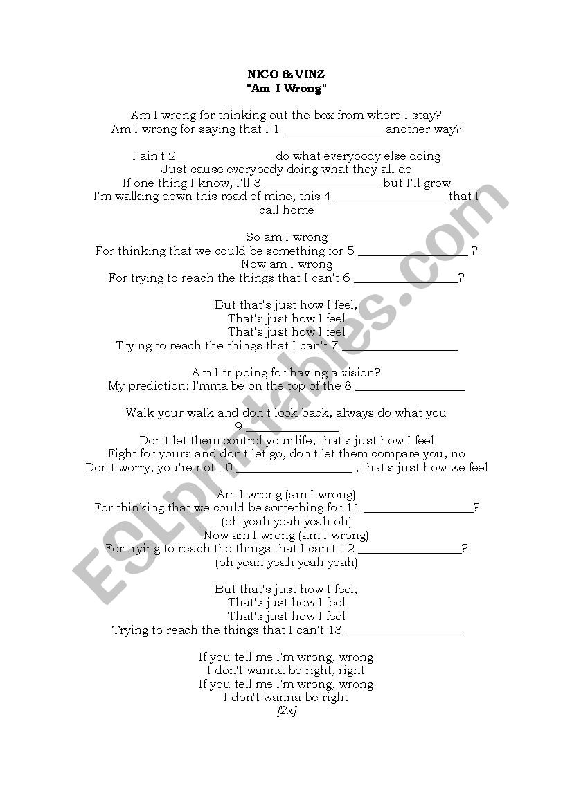 Am I wrong song worksheet