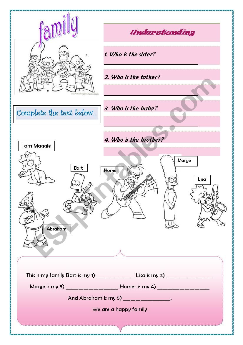 Simpsons family worksheet