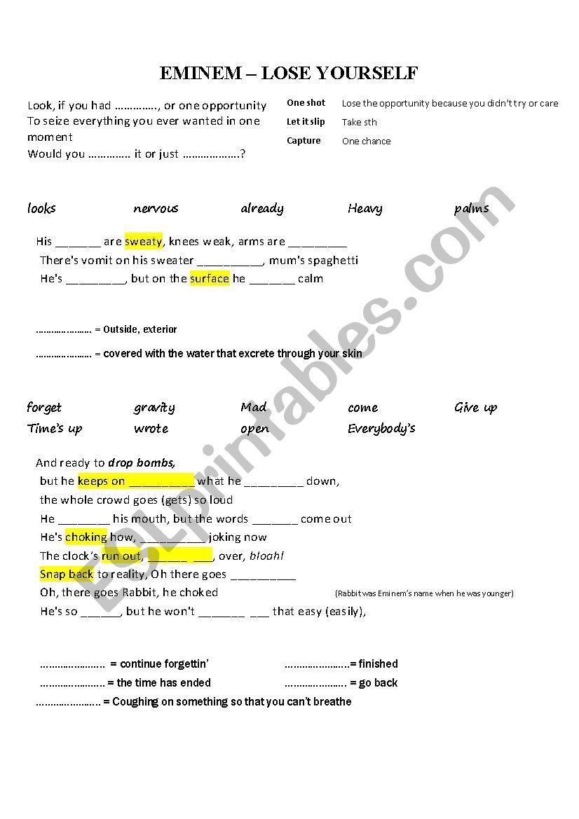 Eminem - lose yourself worksheet