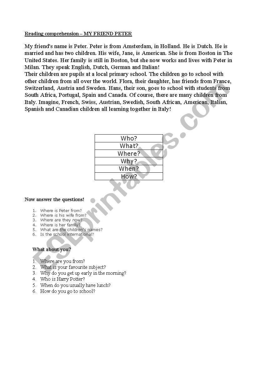 Reading comprehension (W Questions)