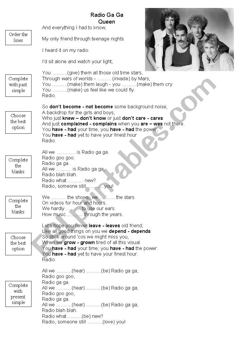 Worksheet Radio Gaga (Queen) worksheet