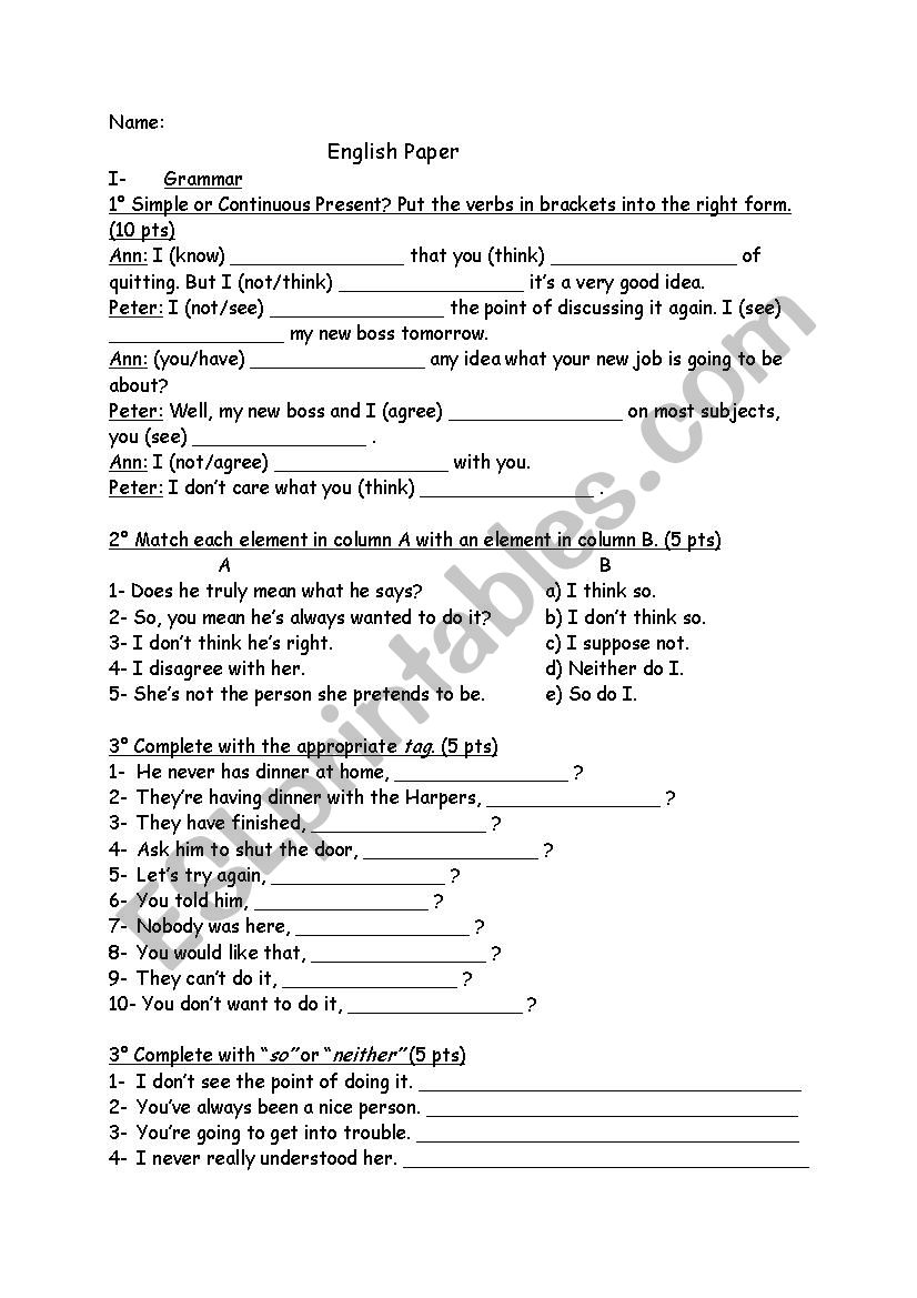 Test : Simple or Continuous present