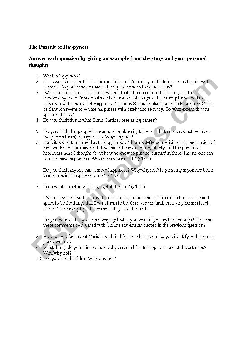 Pursuit Of Happyness worksheet