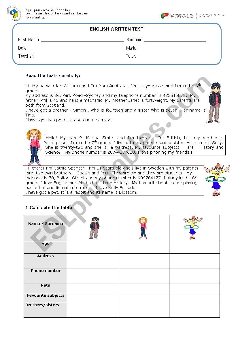 test 6th form worksheet