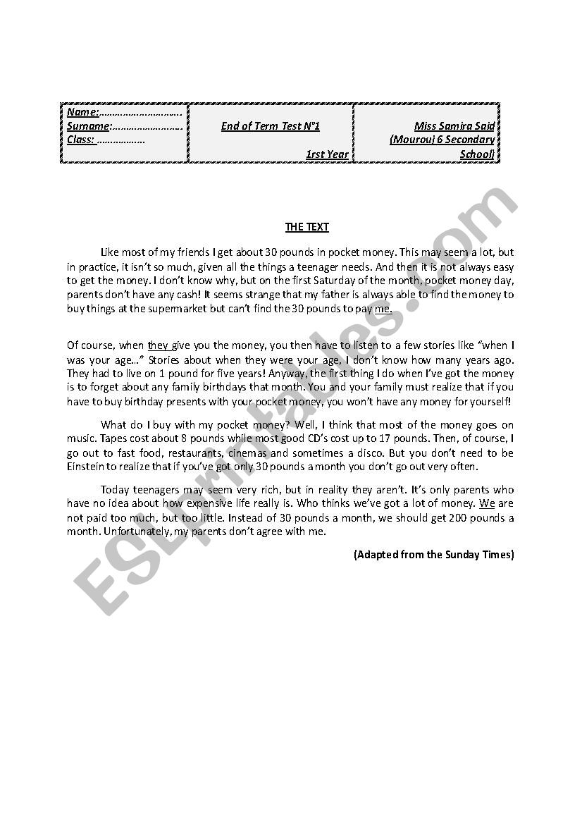 1rst year end of term test 1 worksheet
