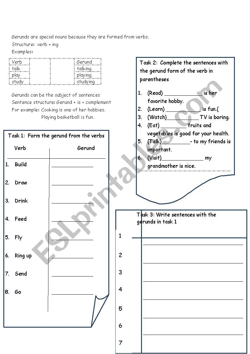 Gerund as the subject  worksheet