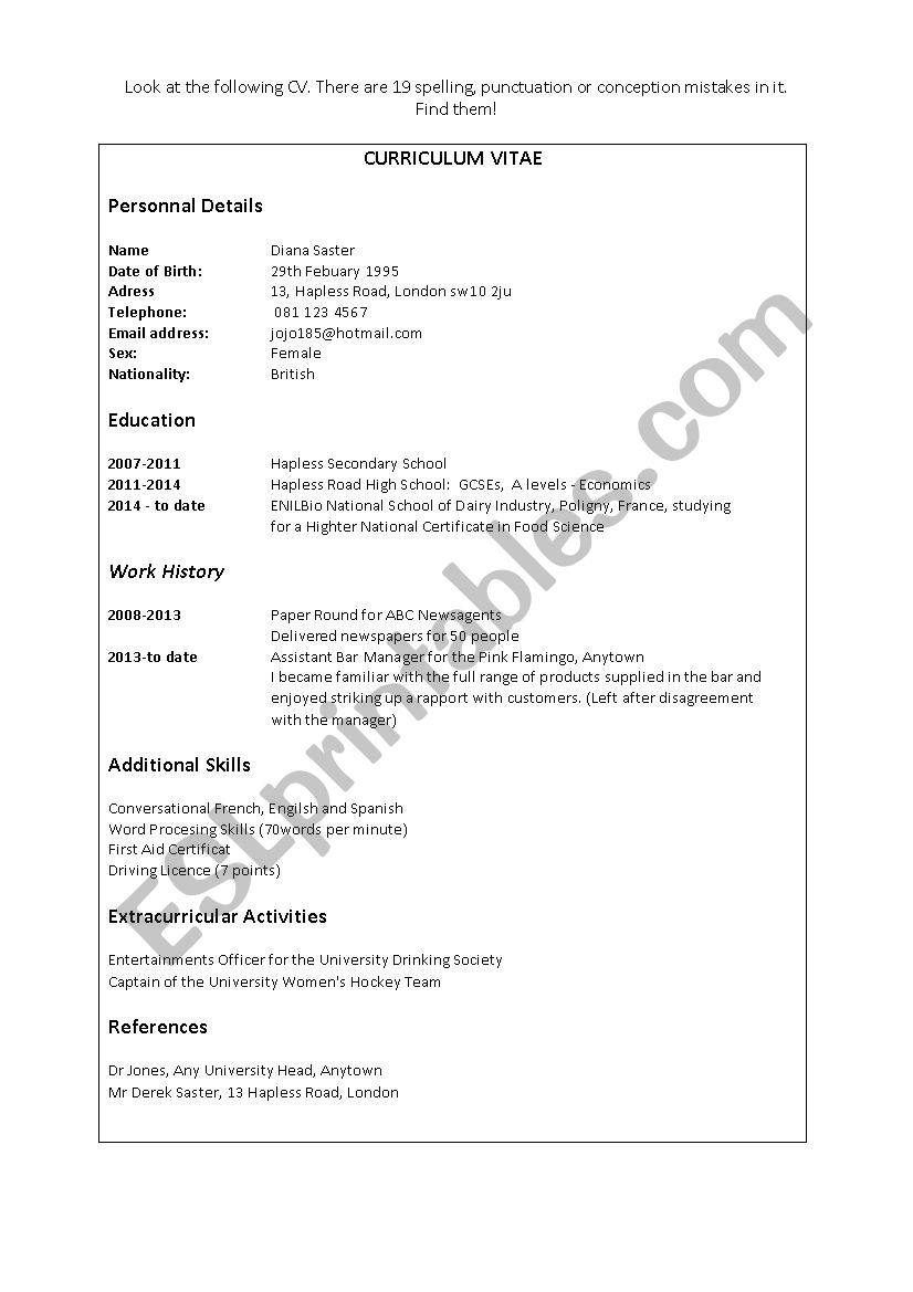 CV exercise worksheet