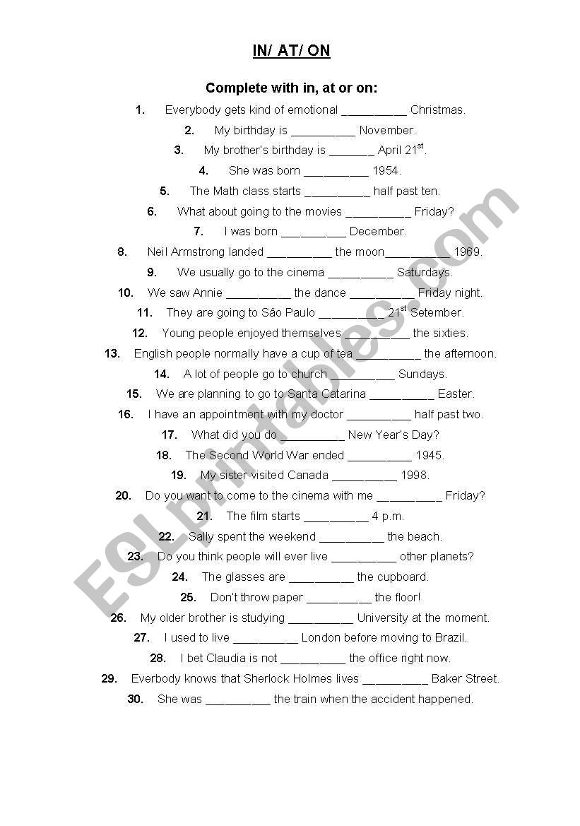 Prepositions - IN  ON   AT worksheet