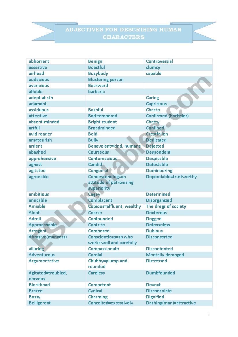 Adjectives for describing human characters