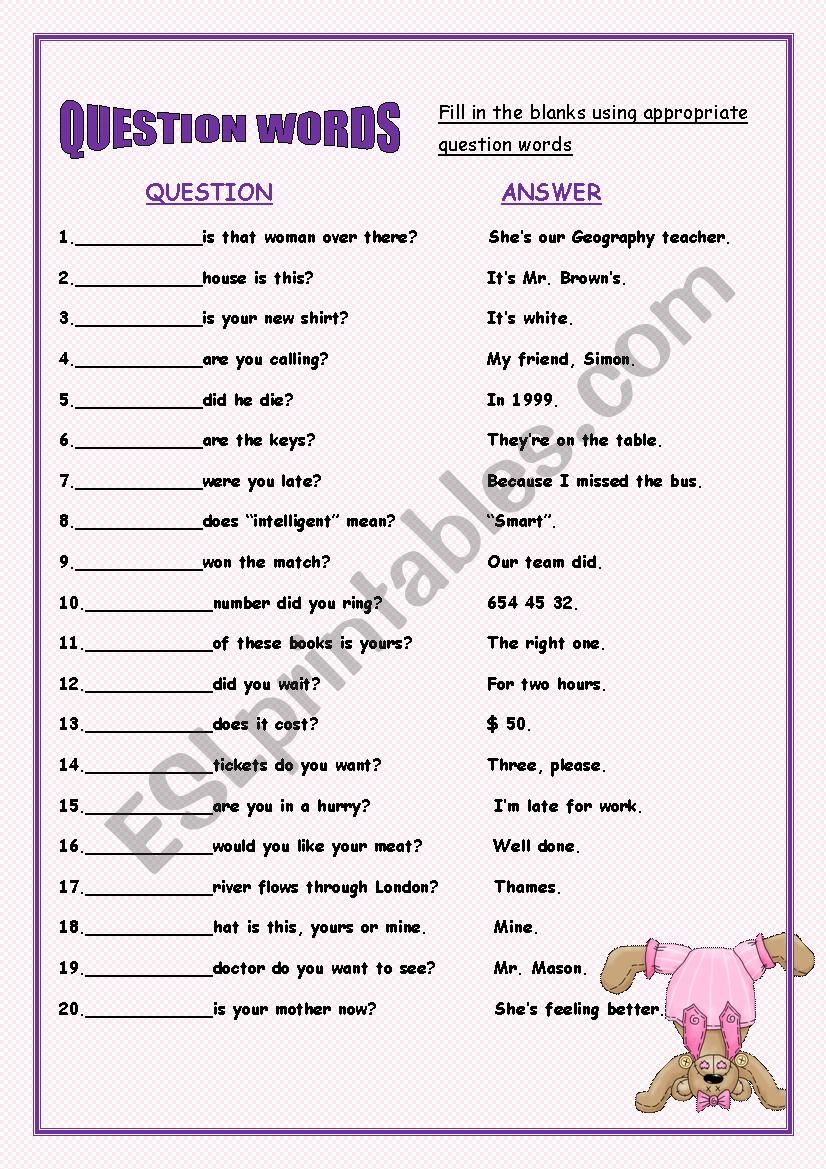 question words worksheet