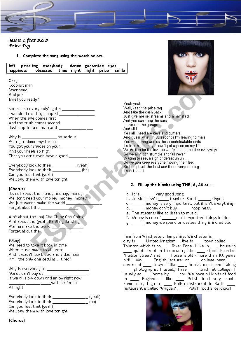 Price Tag - Jessie J worksheet