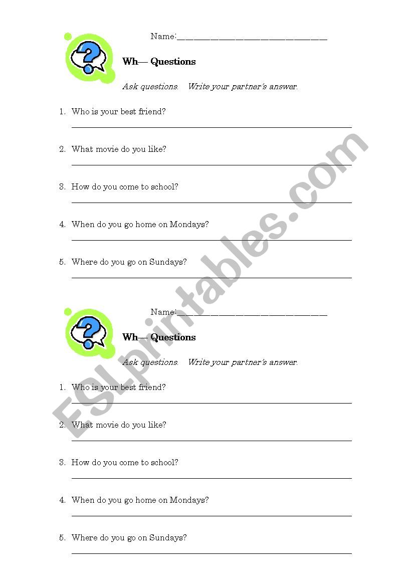 Wh- Interview Questions worksheet