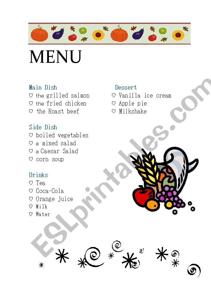 Ordering Food: Menu worksheet