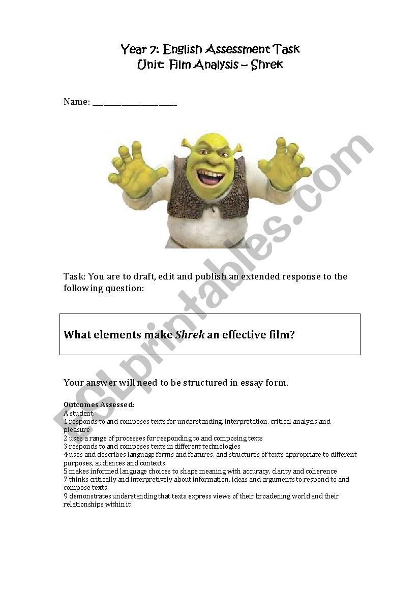 Shrek Essay Writing Guide worksheet