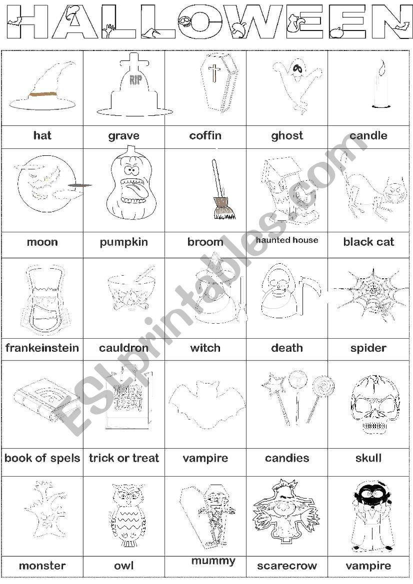 halloween BW pictionary worksheet