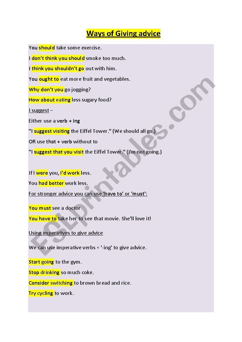 Giving advice worksheet