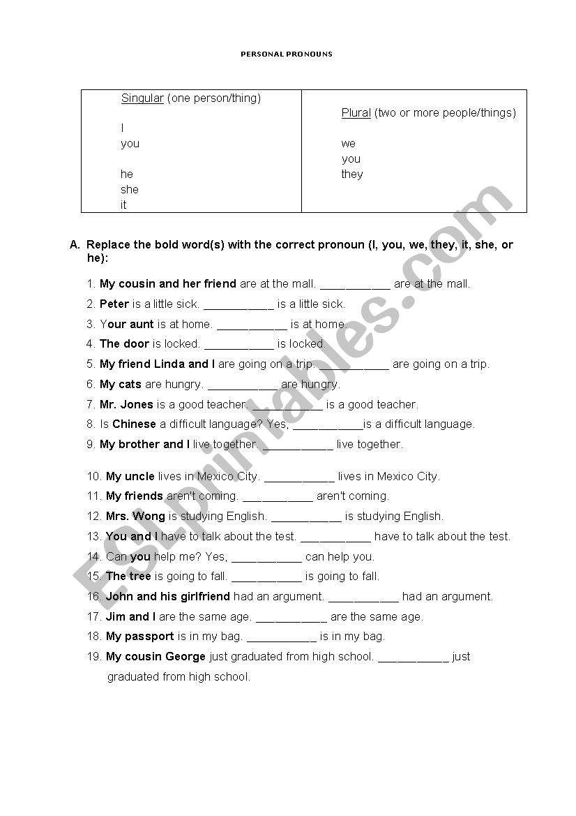 Personal Pronouns worksheet