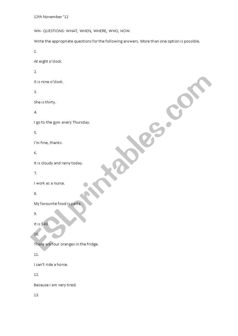 Questions and answers worksheet