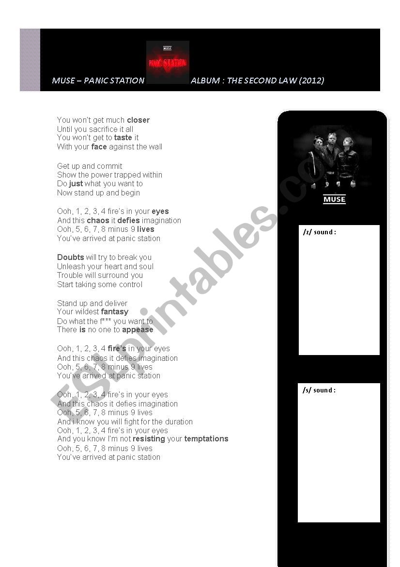 Muse - Panic Station worksheet