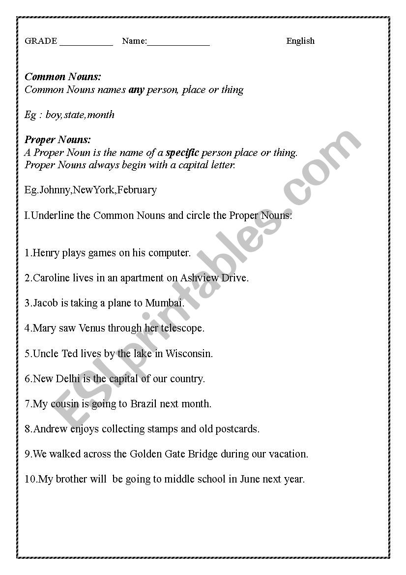 English Worksheet on Common, Proper Nouns and demonstrative pronouns