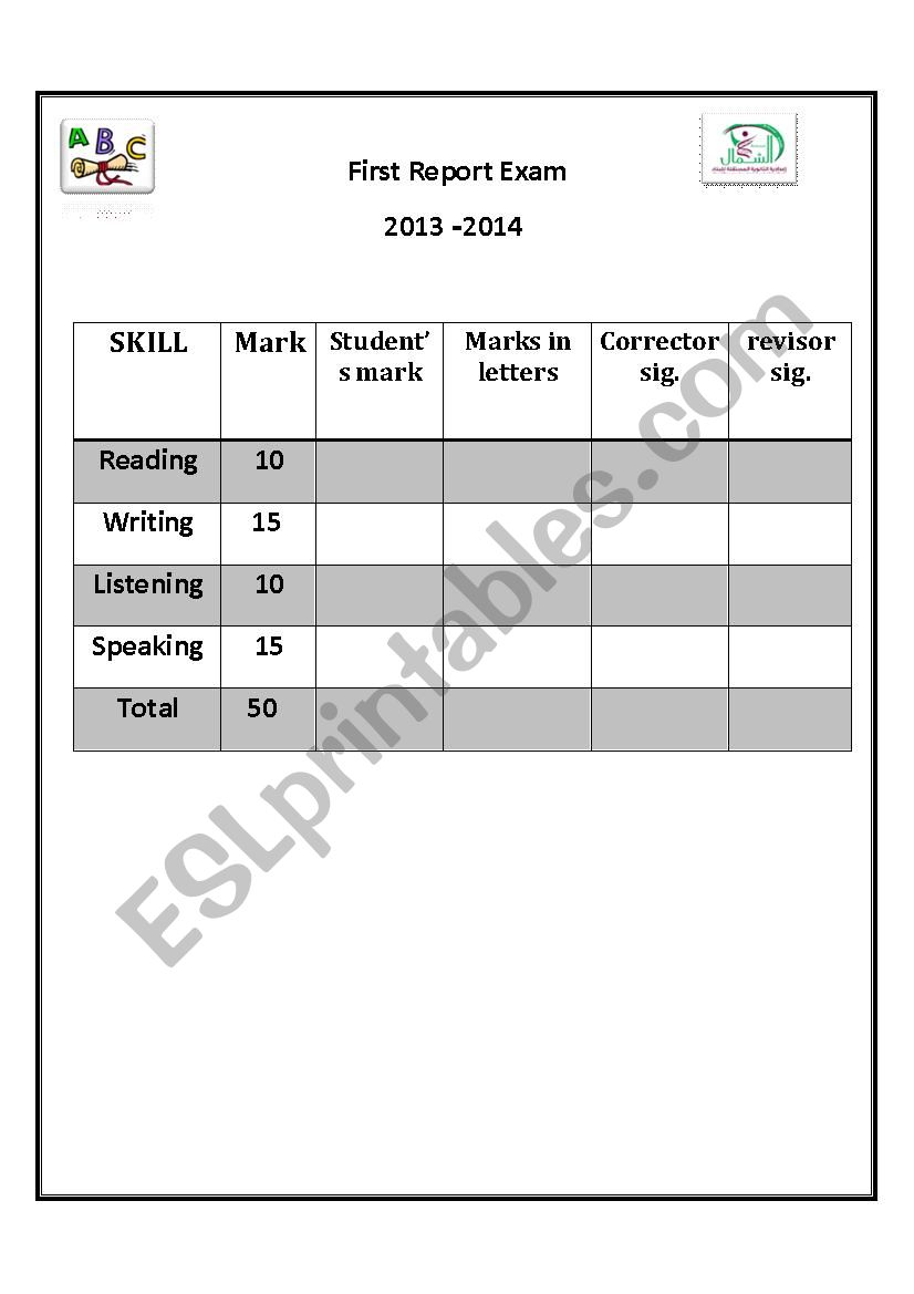 first report exam - grade 10 worksheet