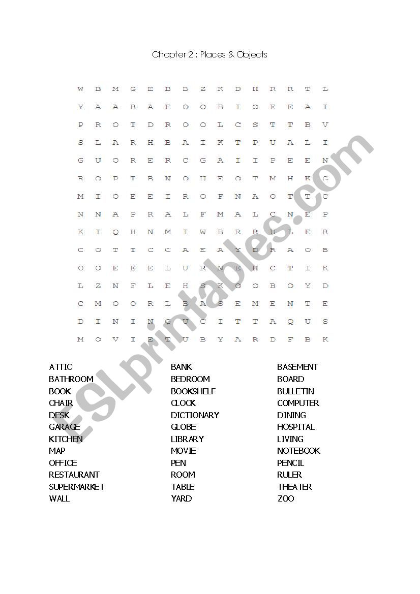 Word Search: Classroom Objects, Rooms in the Home, and Places