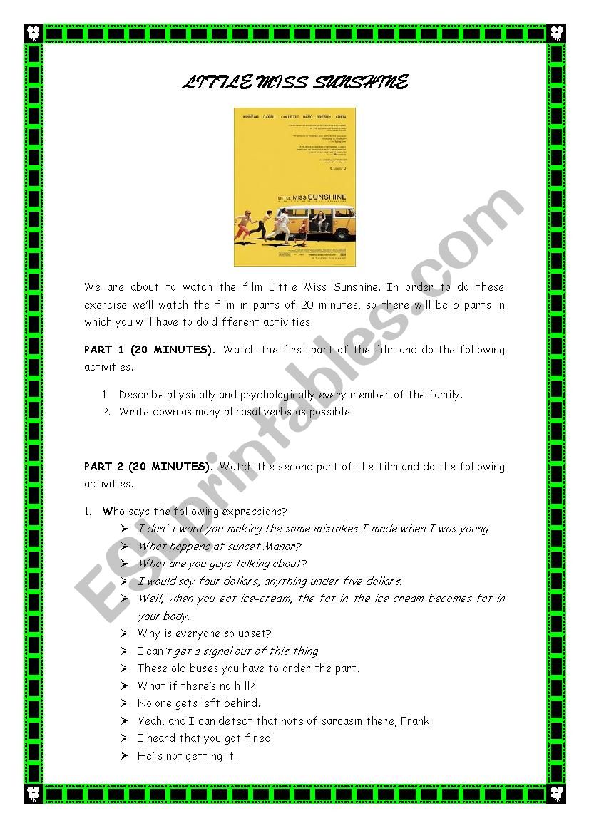 LITTLE MISS SUNSHINE FILM WORKSHEET