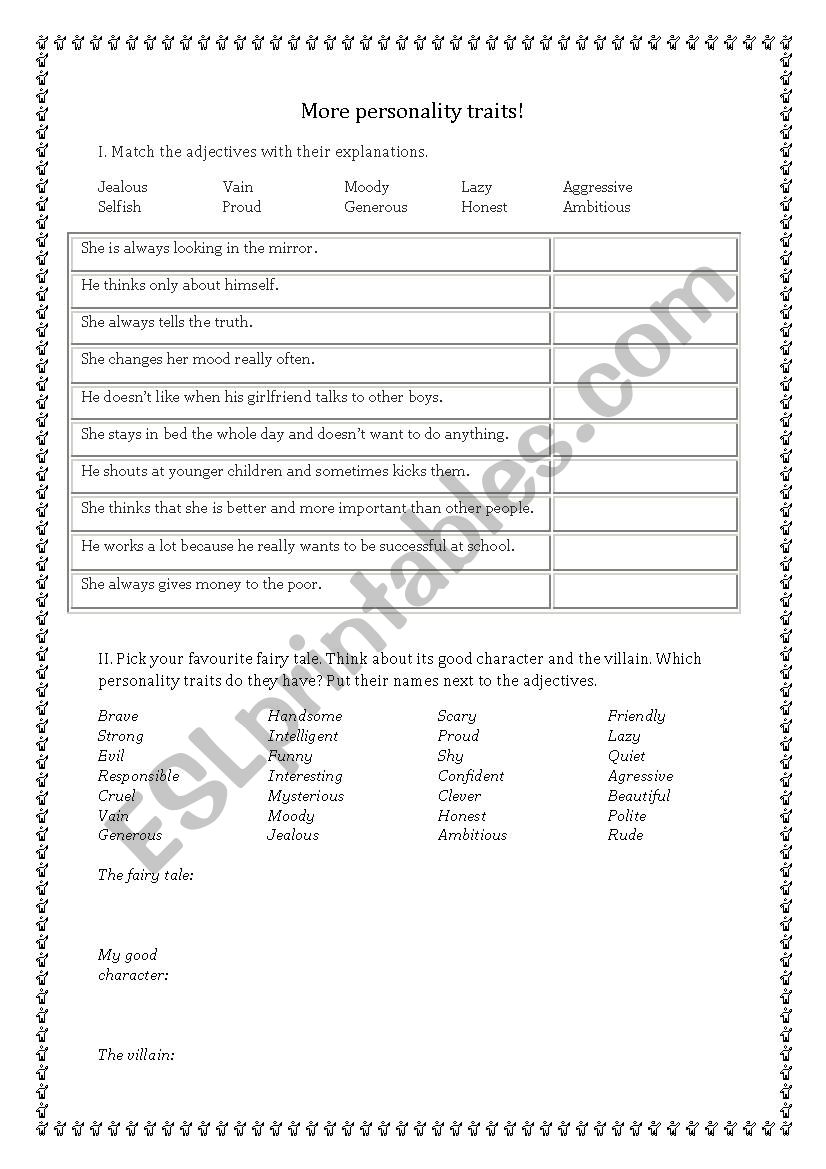 Personality worksheet - definitions and describing fairy tales characters,