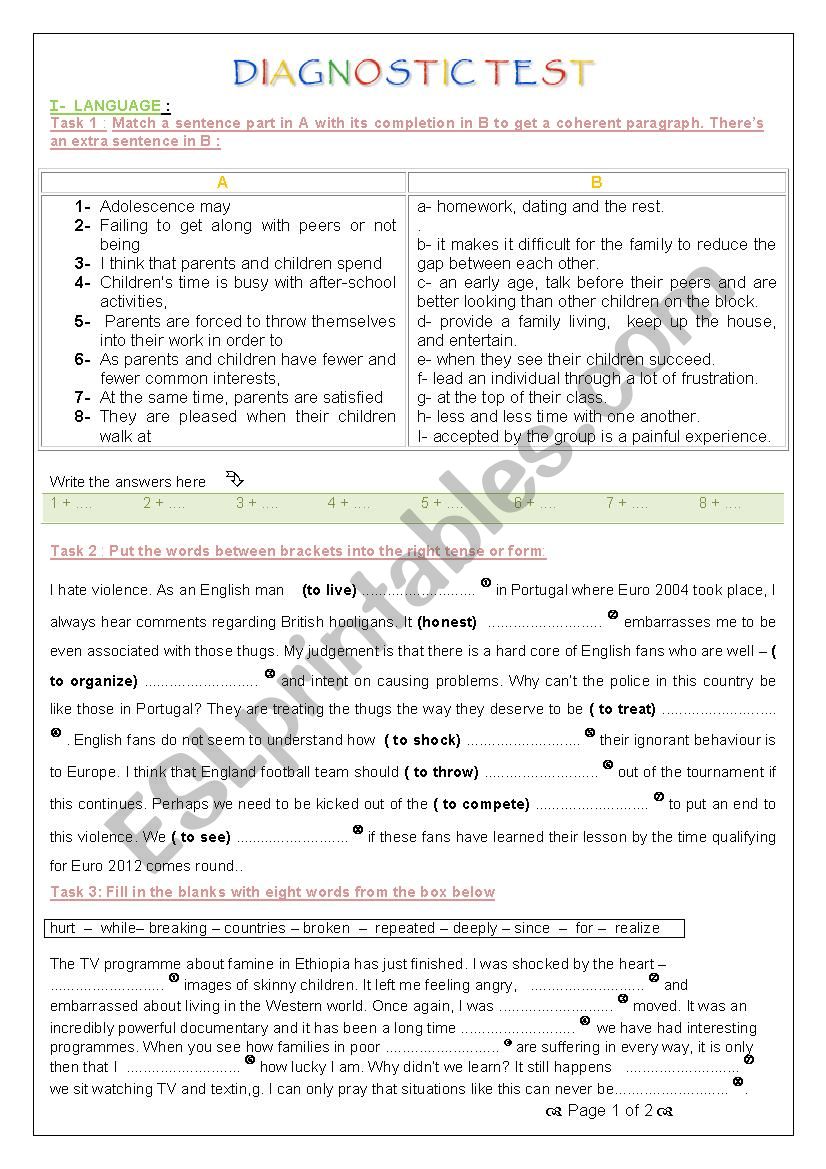 DIAGNOSTIC TEST worksheet