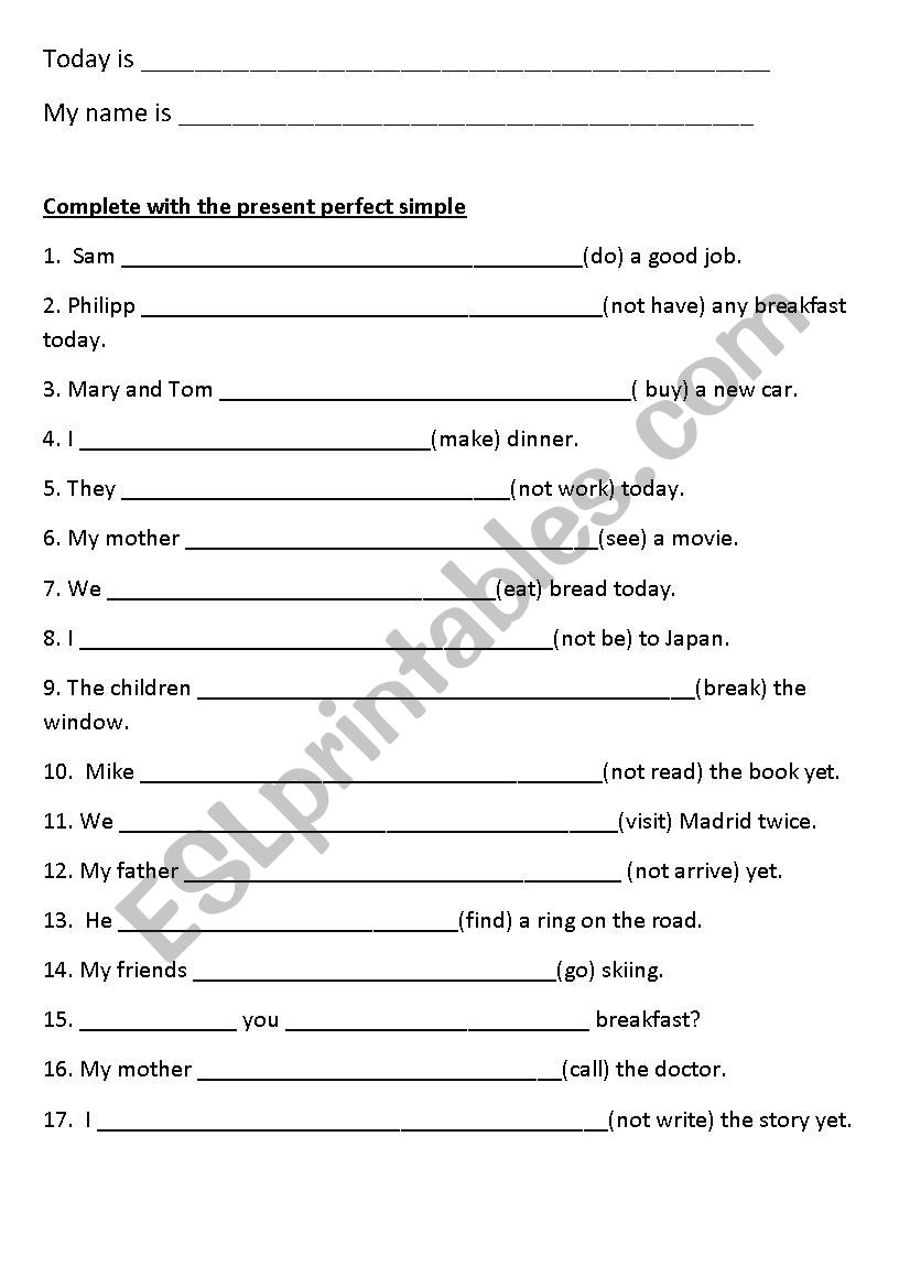 Worksheet on the present perfect simple