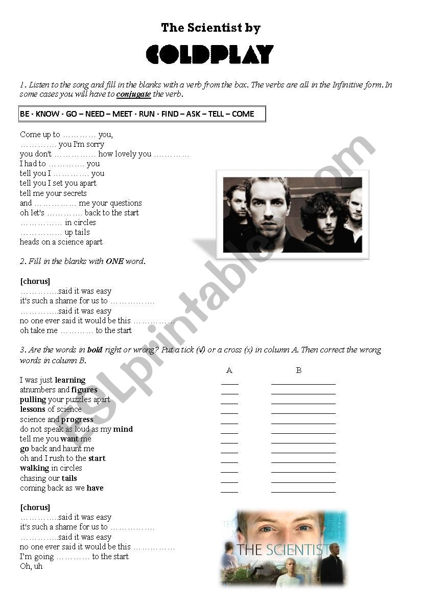 The scientist by Coldplay worksheet