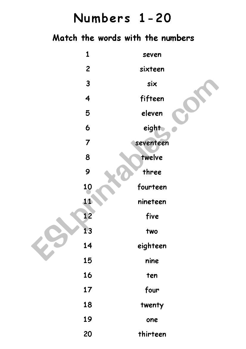Match the words with the numbers (numbers 1-20)